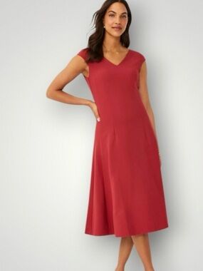 NWT - Ann Taylor Brick-Red/Rust/Terra Cotta V-Neck Cap Sleeve Midi Dress - Sz 4